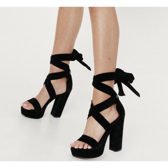 5.5” Lace Up Ankle open toe Chunky platform Sexy heel Black Faux Suede sz 9 - Picture 1 of 6